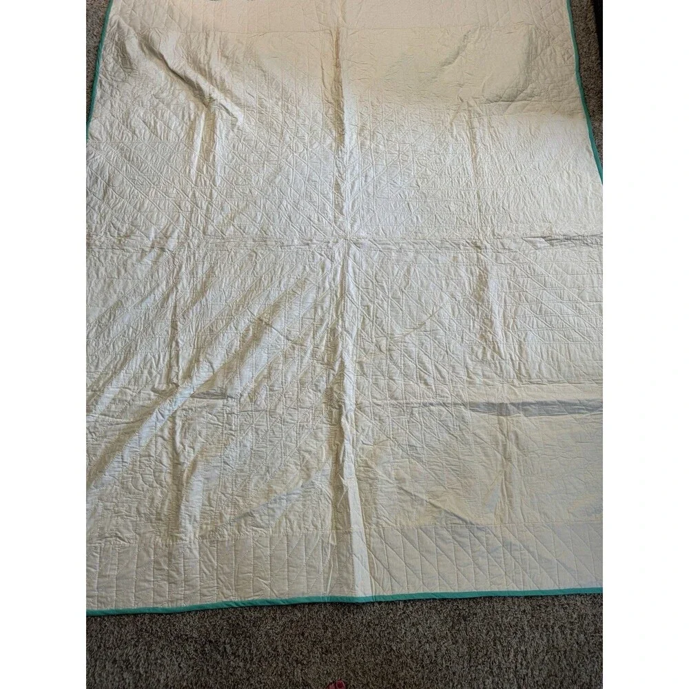 Vintage Handmade Lone Star Scrap Quilt Large Center Medallion Teal Border